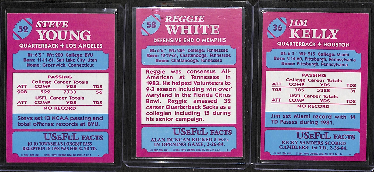 1984 Topps USFL Football Complete 132 Card Set w. Rookie Cards of Jim Kelly, Reggie White, Steve Young, Herschel Walker